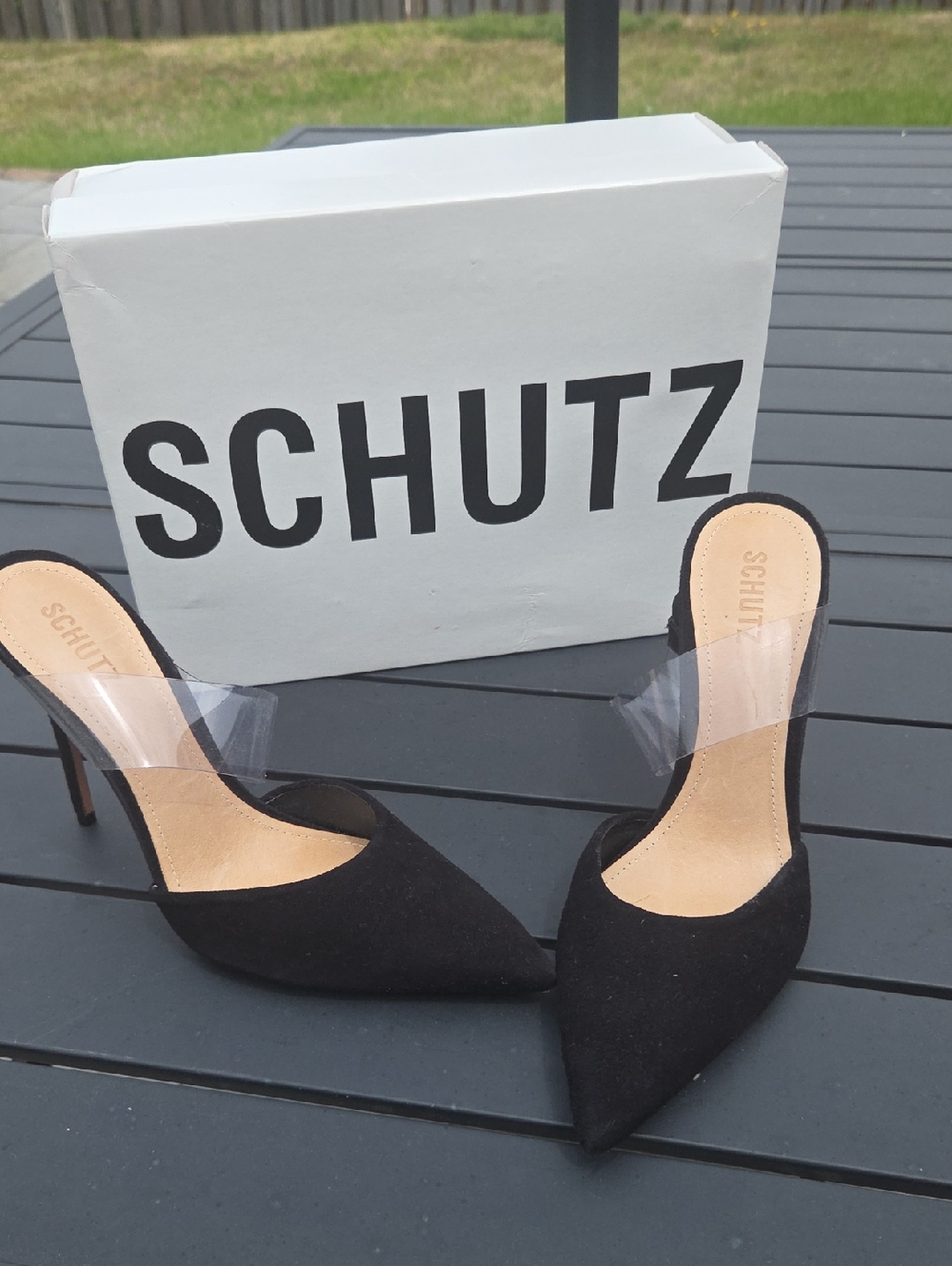 SCHUTZ Black Pointed Toe Mules with Clear Strap